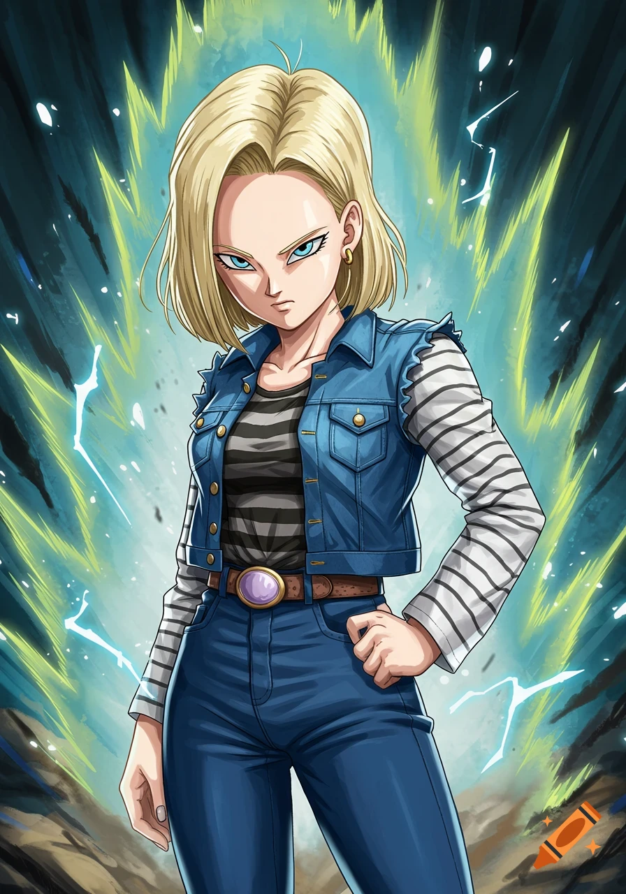 Anime illustration of Android 18 from Dragon Ball, full body, with blonde hair, blue eyes, wearing a denim vest, striped shirt, and jeans, against an energetic background.