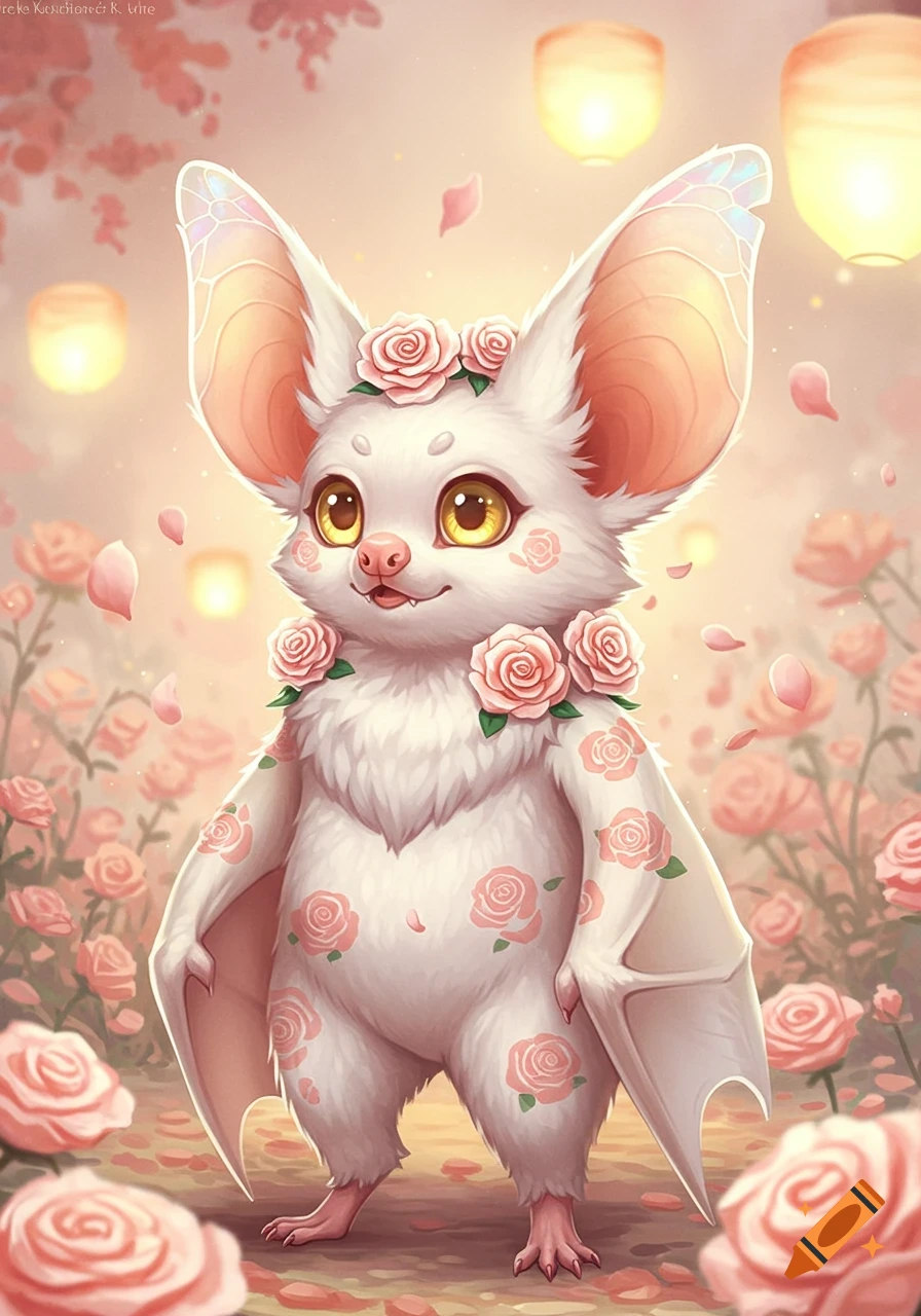 A cute anthropomorphic albino bat with rose patterns on its fur, yellow eyes, standing in a field of pink roses with glowing lanterns.