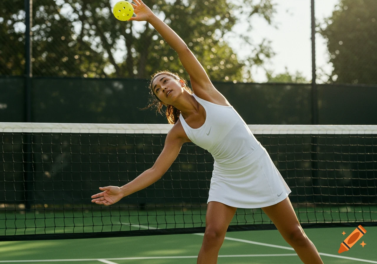 A woman in a white athletic outfit reaches over a green pickleball net, holding a yellow pickleball.