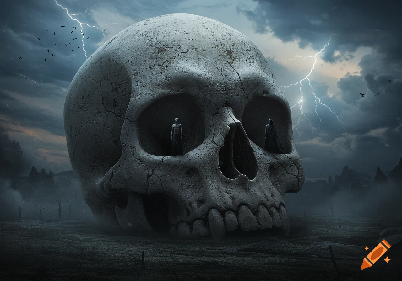 A giant, cracked skull with two figures in its eye sockets stands on a barren, stormy landscape with lightning.