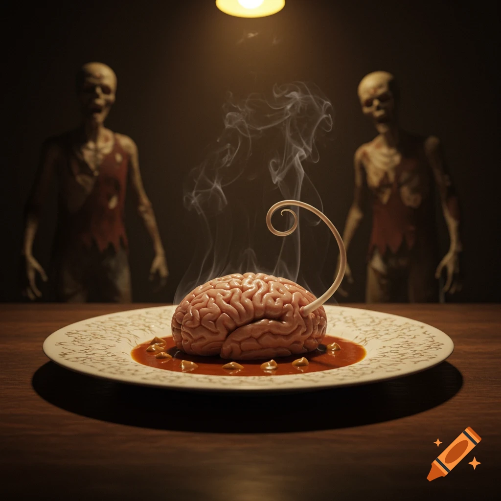 A human brain on a plate with red sauce and small garnishes, steaming, under a single light bulb. Two blurry zombie-like figures stand in the dark background.