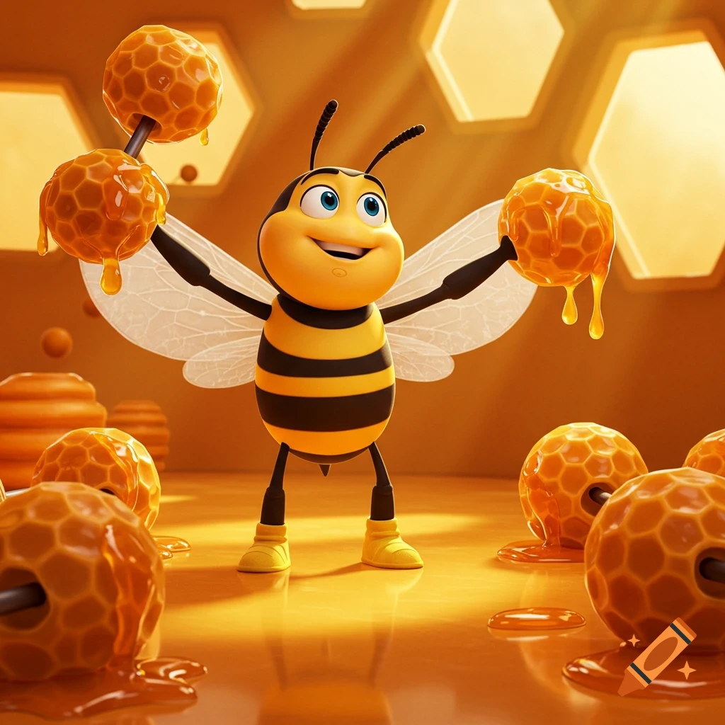 A happy 3D cartoon bee lifts weights made of honeycombs dripping honey, in a golden room with honeycomb patterns.