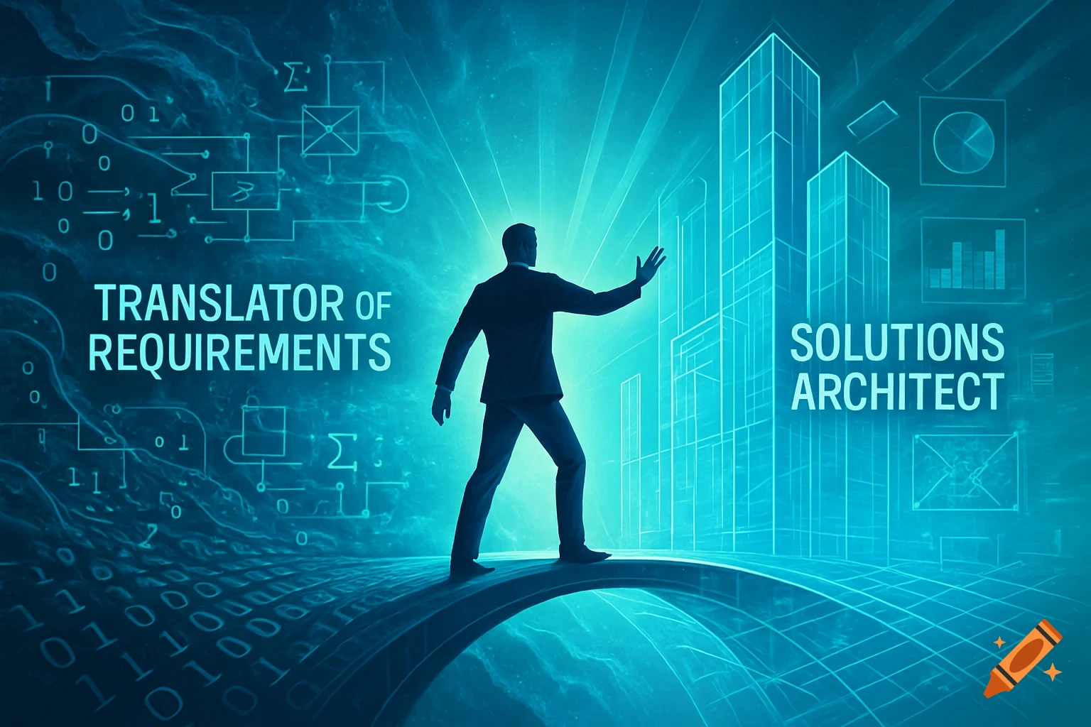 Man on glowing arch between 'Translator of Requirements' and 'Solutions Architect' text, with wireframe buildings in blue digital art.