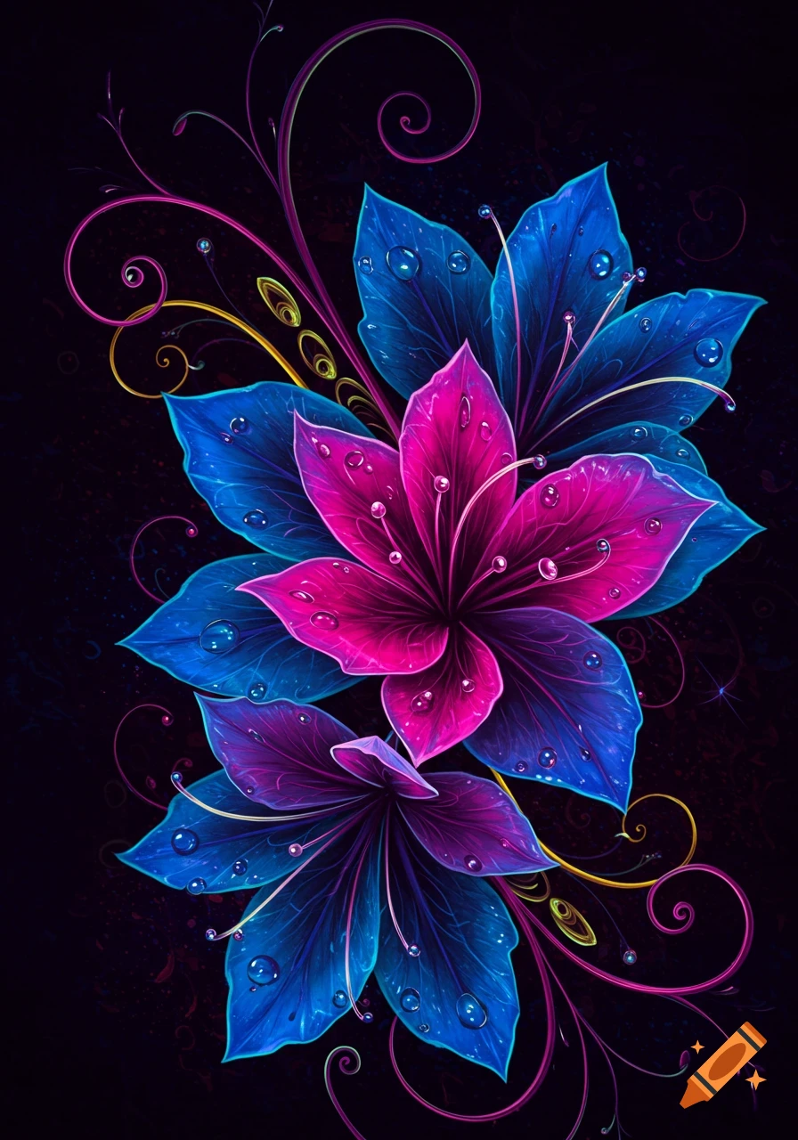Abstract vibrant pink and blue glowing flowers with water droplets and swirling tendrils on a dark background.