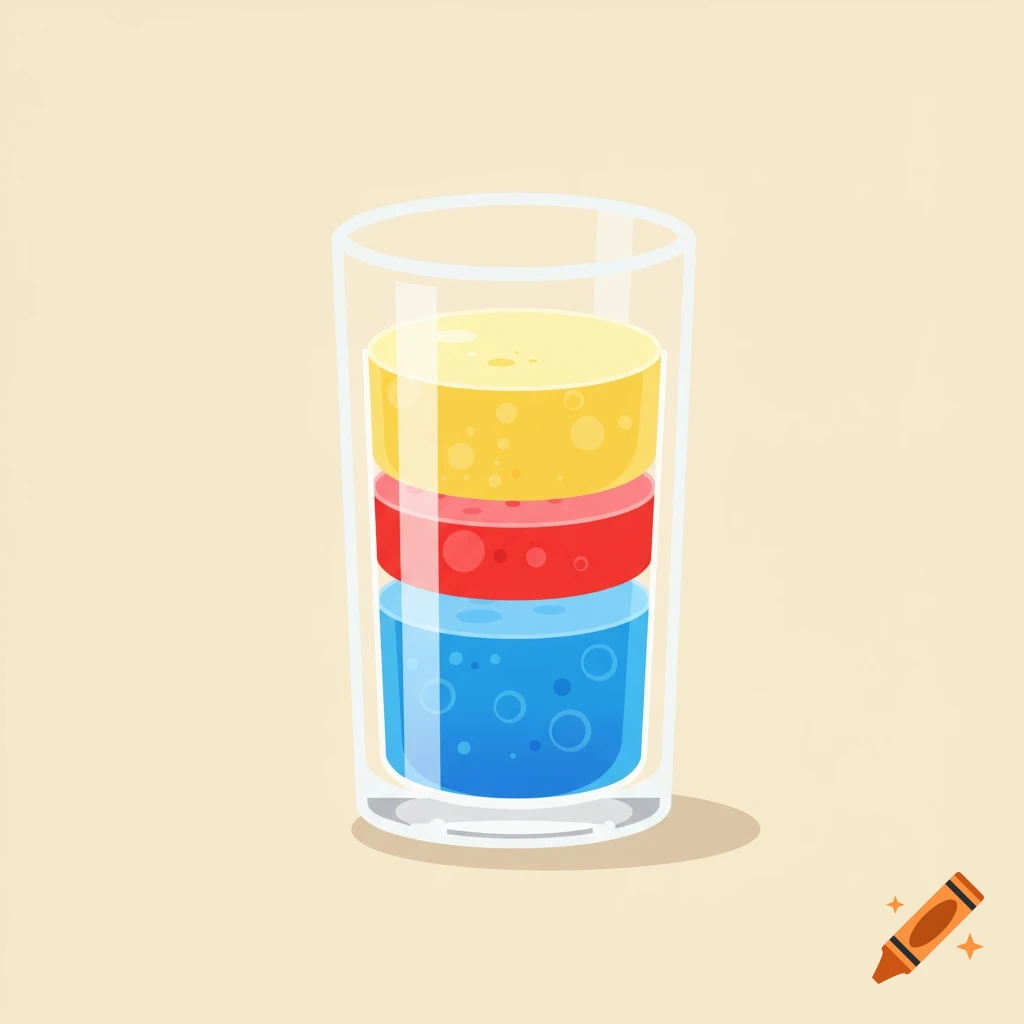 A flat cartoon illustration of a clear glass with three distinct layers of blue, red, and yellow liquids, depicting a density experiment.