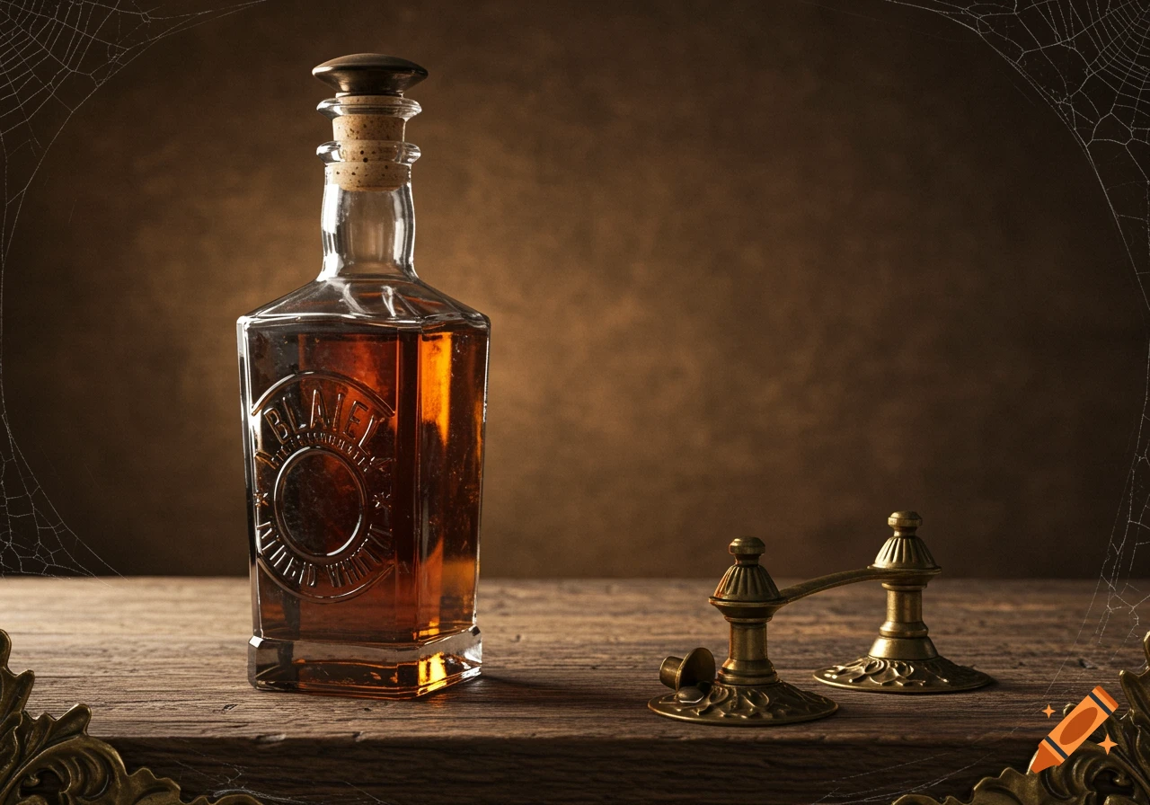 A bottle of amber liquid with a cork stopper and brass fixtures on a weathered wooden surface, with spiderwebs in the background, in a vintage style.