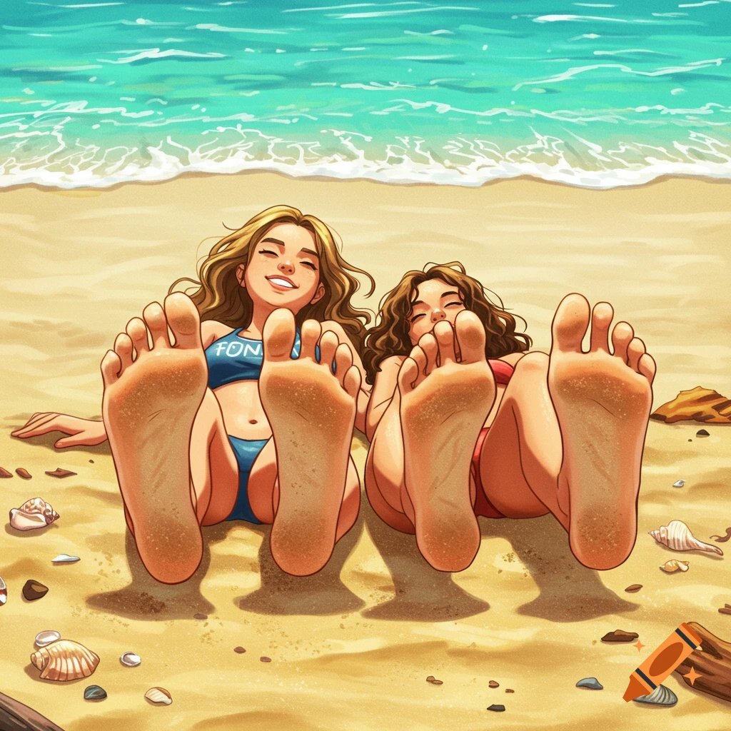 Two illustrated girls in bikinis lie on a sandy beach, smiling and showing the soles of their feet to the viewer. Ocean waves in background.