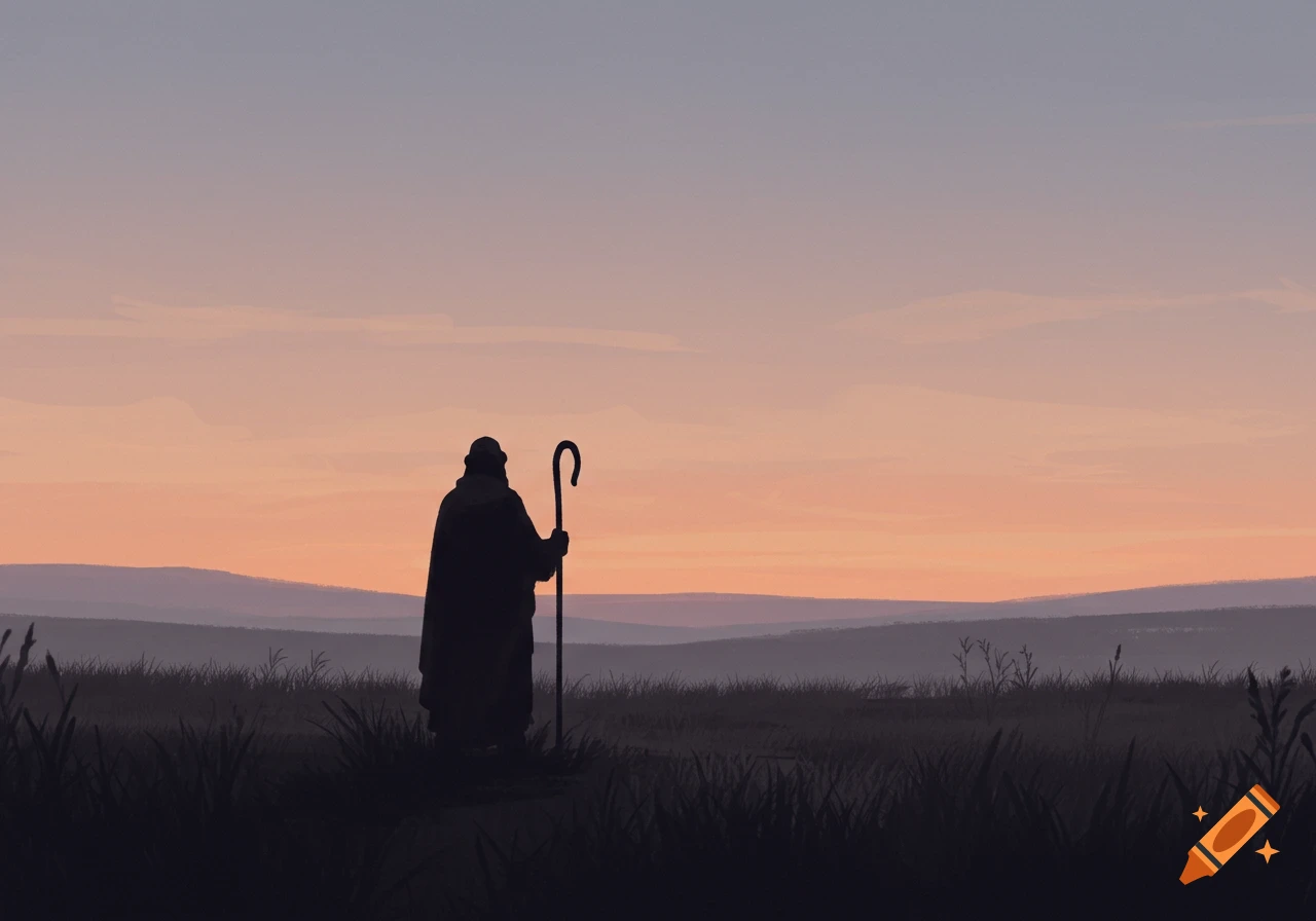 A simple silhouette of a shepherd holding a staff in a field at sunset.