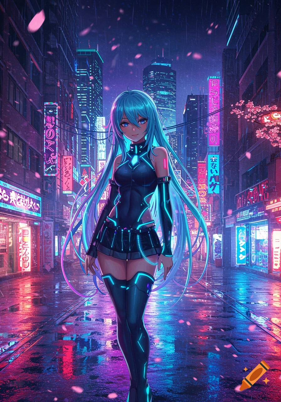 An anime woman with long blue hair and glowing blue eyes, wearing a black futuristic outfit with neon accents, stands in a rainy, neon-lit cyberpunk city street at night.