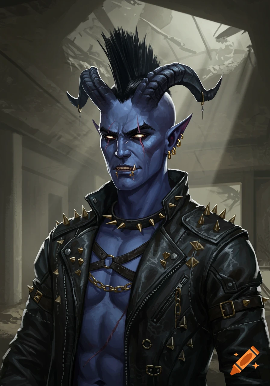A blue-skinned tiefling man with a black mohawk and horns, wearing a studded punk rock leather jacket, stares intently in an abandoned building.