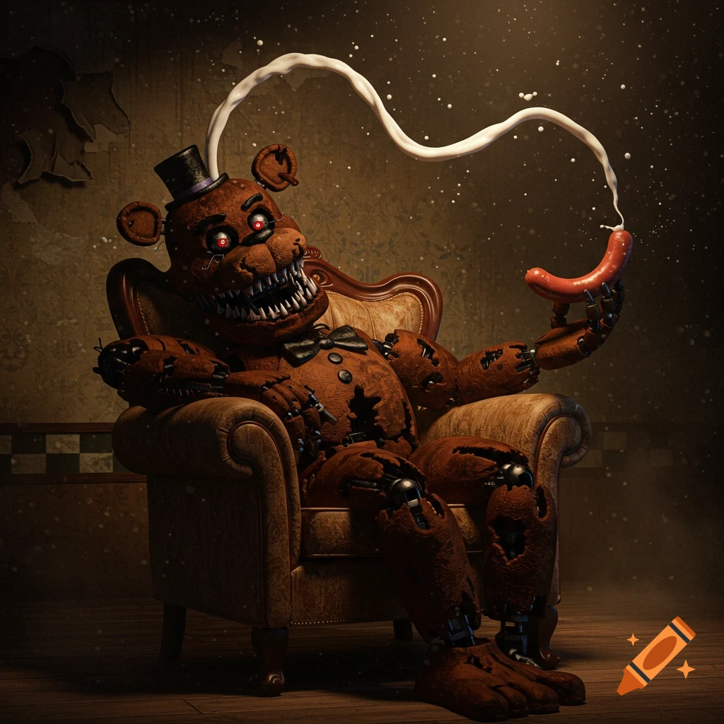 Nightmare Freddy, a brown animatronic bear with sharp teeth and red eyes, relaxing in a recliner, holding a sausage from which a stream of white liquid emerges.