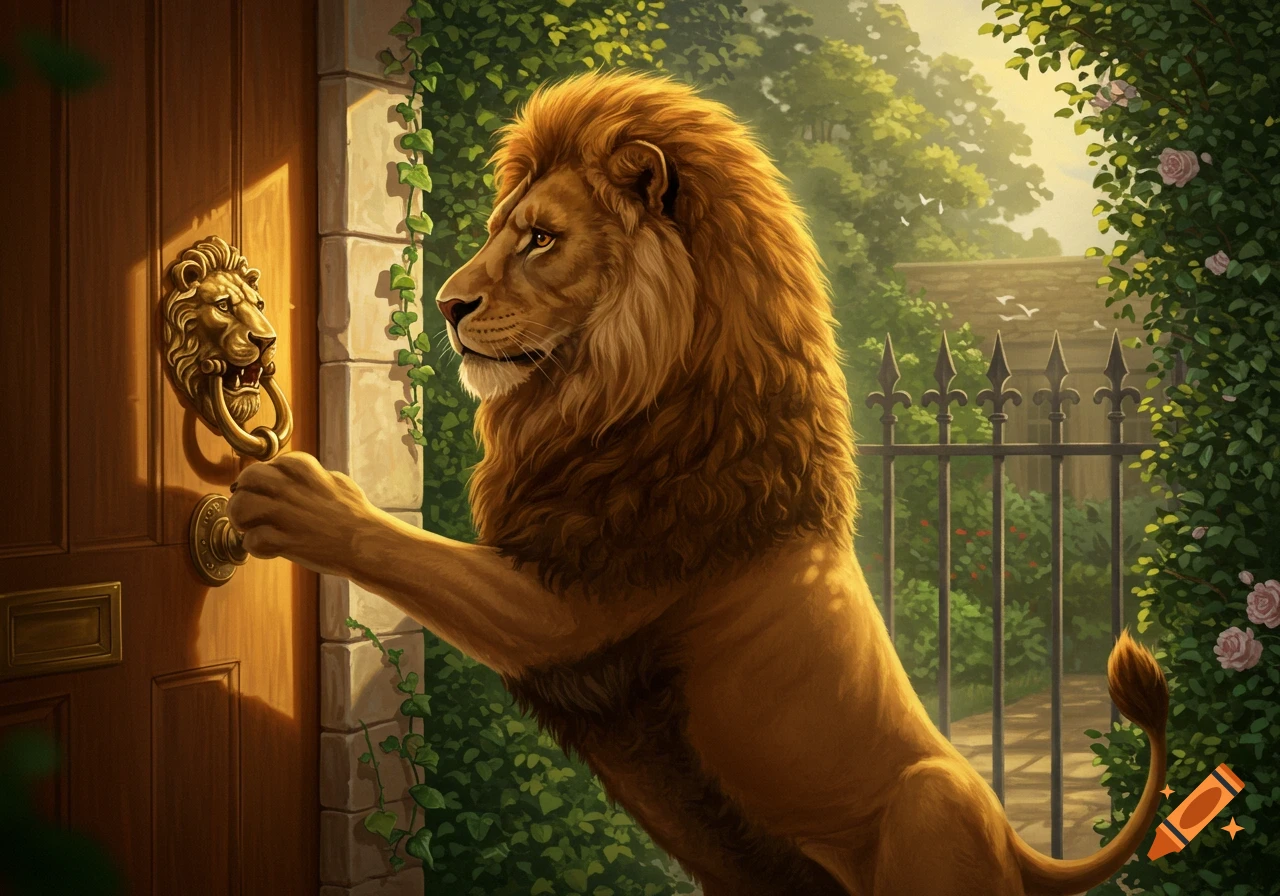 A majestic lion stands on its hind legs, knocking on a brown wooden door with a gold lion head knocker, in a lush garden setting.