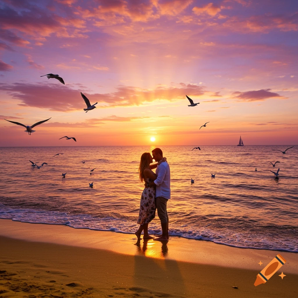 A couple embraces on a beach at sunset with birds flying over the ocean.