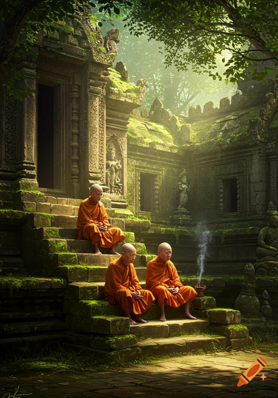 Three monks in orange robes sit on mossy steps in sunlit ancient temple ruins surrounded by lush forest.