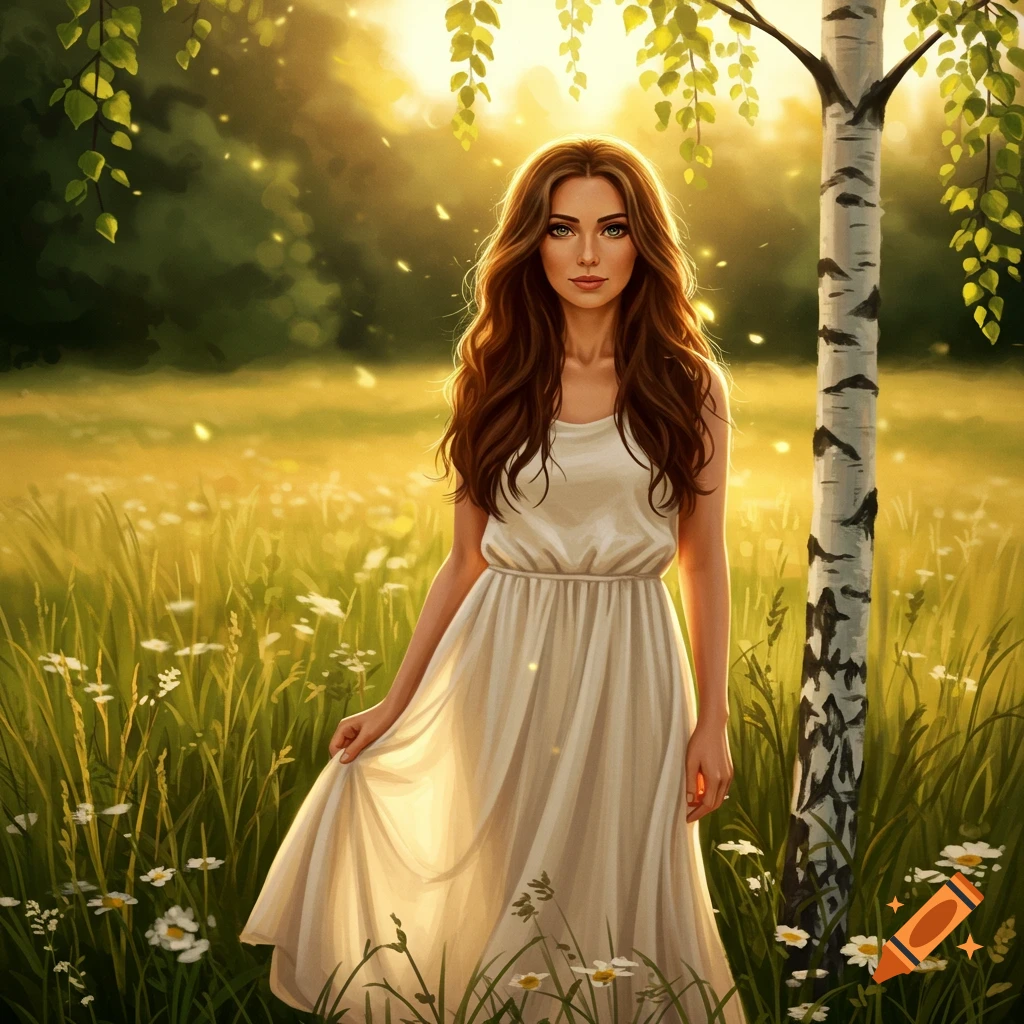 A beautiful woman with long brown hair and a white dress stands in a sunny field with flowers and a birch tree, in a stylized digital painting.