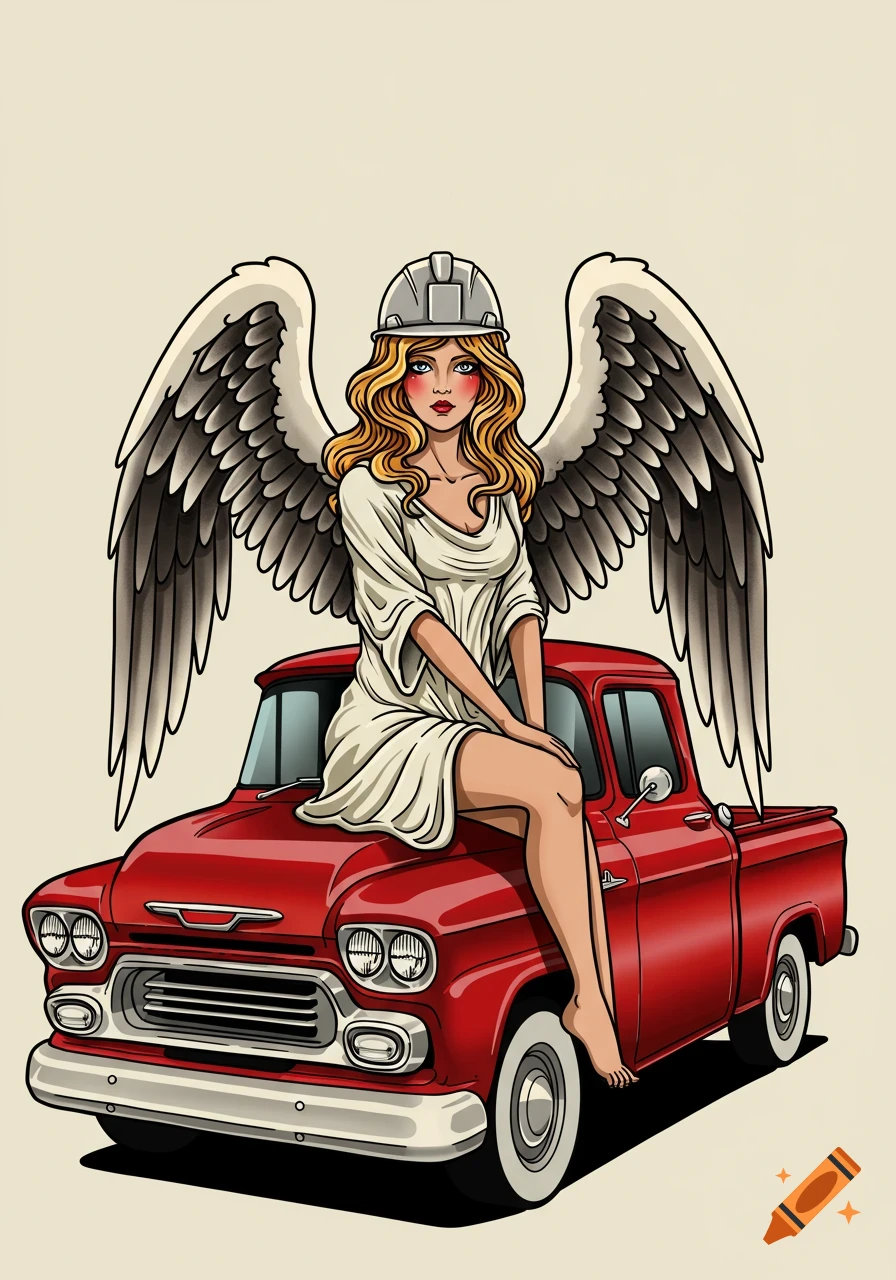 A traditional tattoo style illustration of a blond angel with a hard hat and wings, sitting on a red vintage pickup truck.