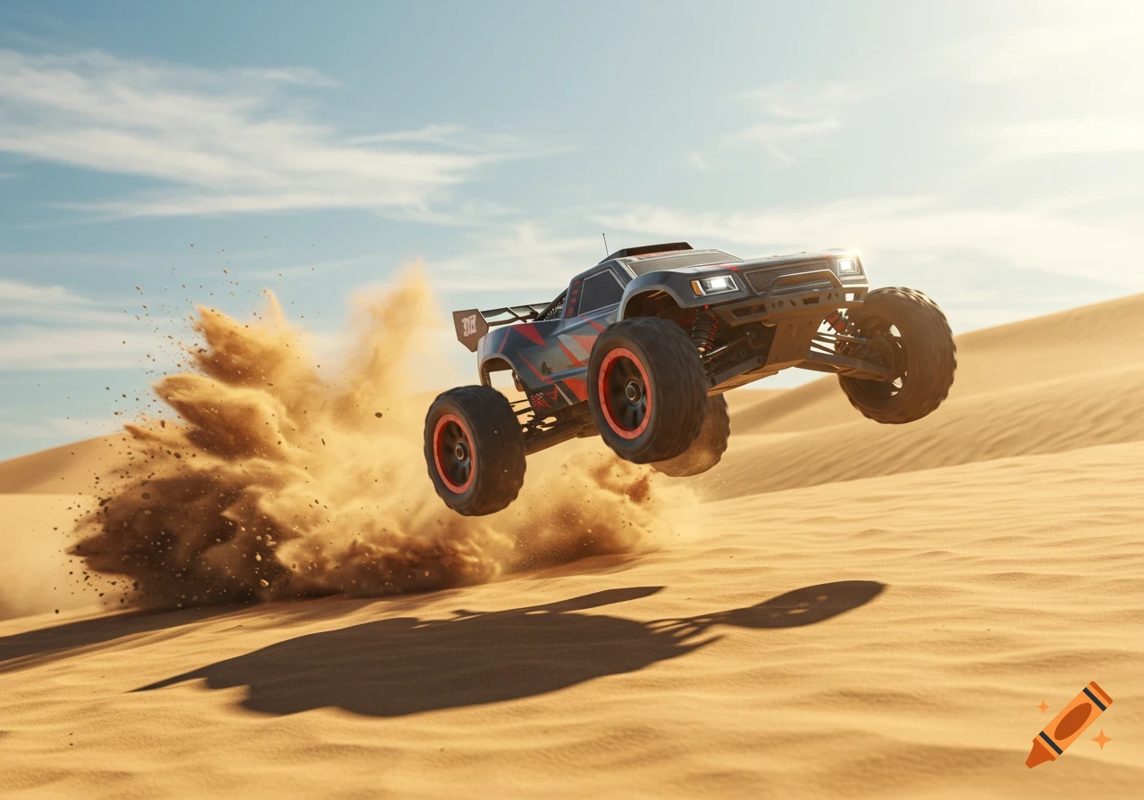 A black and red RC monster truck jumps high over a sandy dune, kicking up a large cloud of dust. Photorealistic.