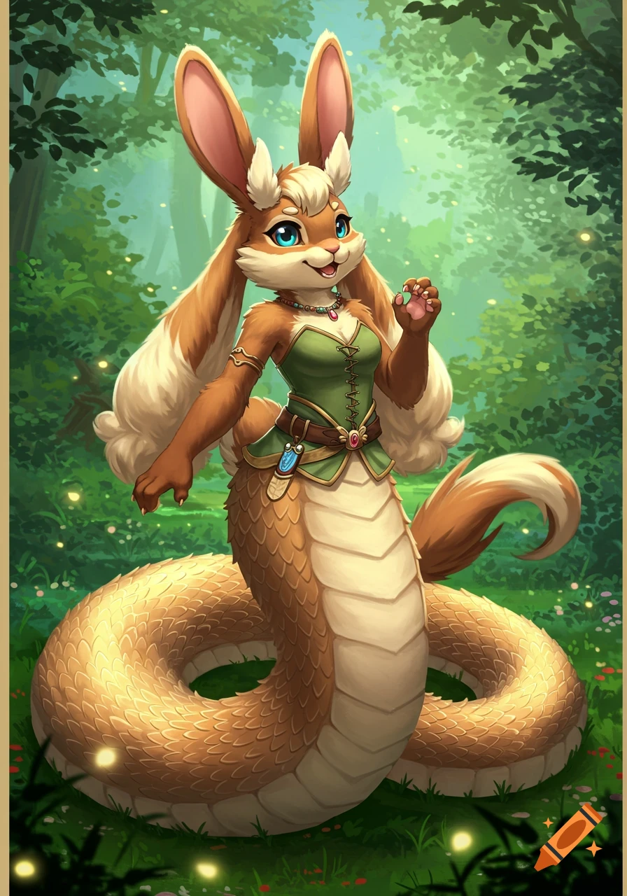 A cute bunny-serpent hybrid character with brown fur and golden scales, wearing fantasy clothes, stands in a magical forest.
