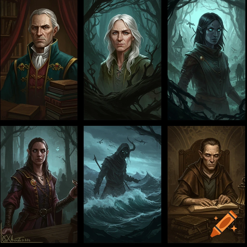 A grid of six fantasy-style portraits: an old man in a library, a woman in a forest, a pale woman in a dark forest, a woman with pointed ears in a forest, a hooded figure in stormy waters, and a man writing at a desk.