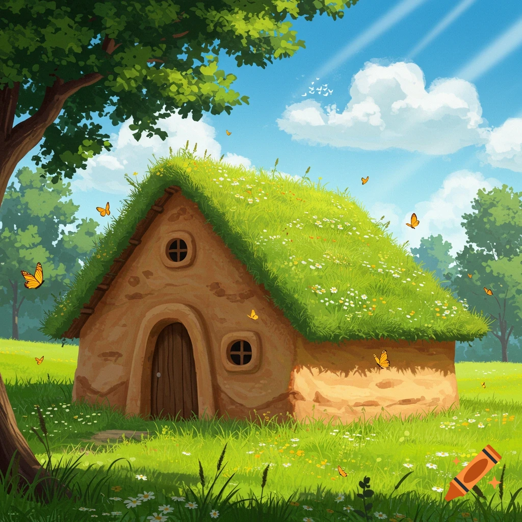 A charming, cartoon-style earthen house with a vibrant green grass roof in a sunny field with trees and butterflies.
