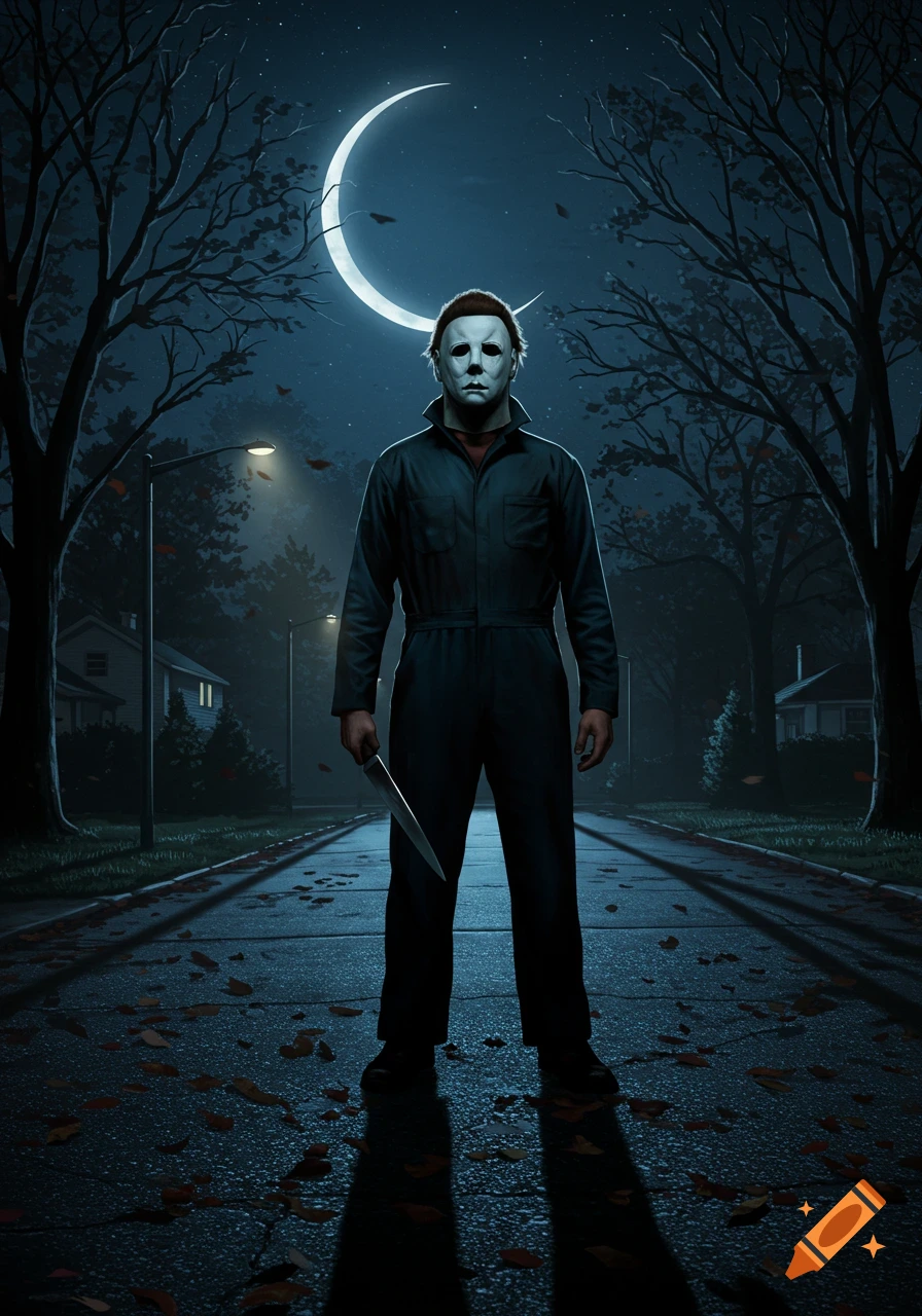 Michael Myers stands in a dark suburban street at night, holding a knife, with a crescent moon overhead and fallen leaves on the ground.