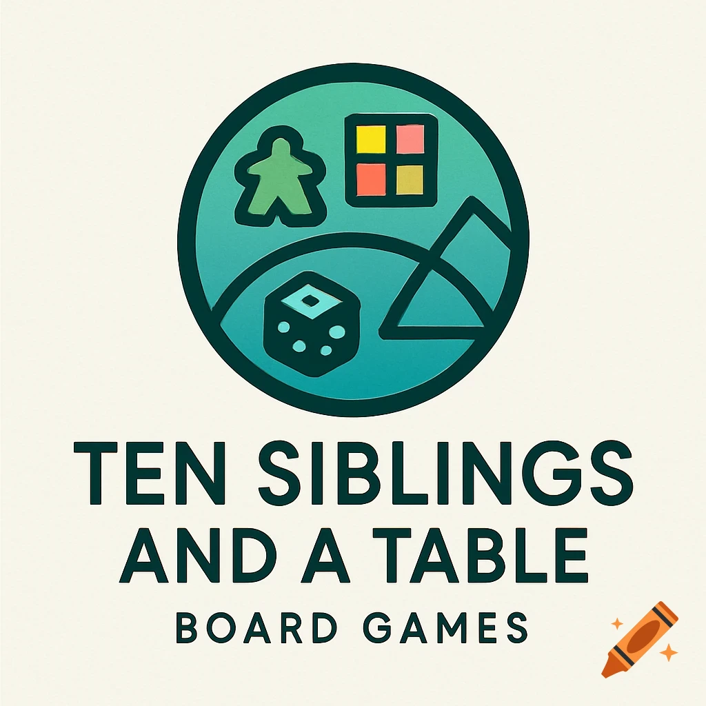 A minimalist logo for 'Ten Siblings and a Table Board Games' featuring green and blue icons of a pawn, a dice, a square board, and a triangle in a circle.