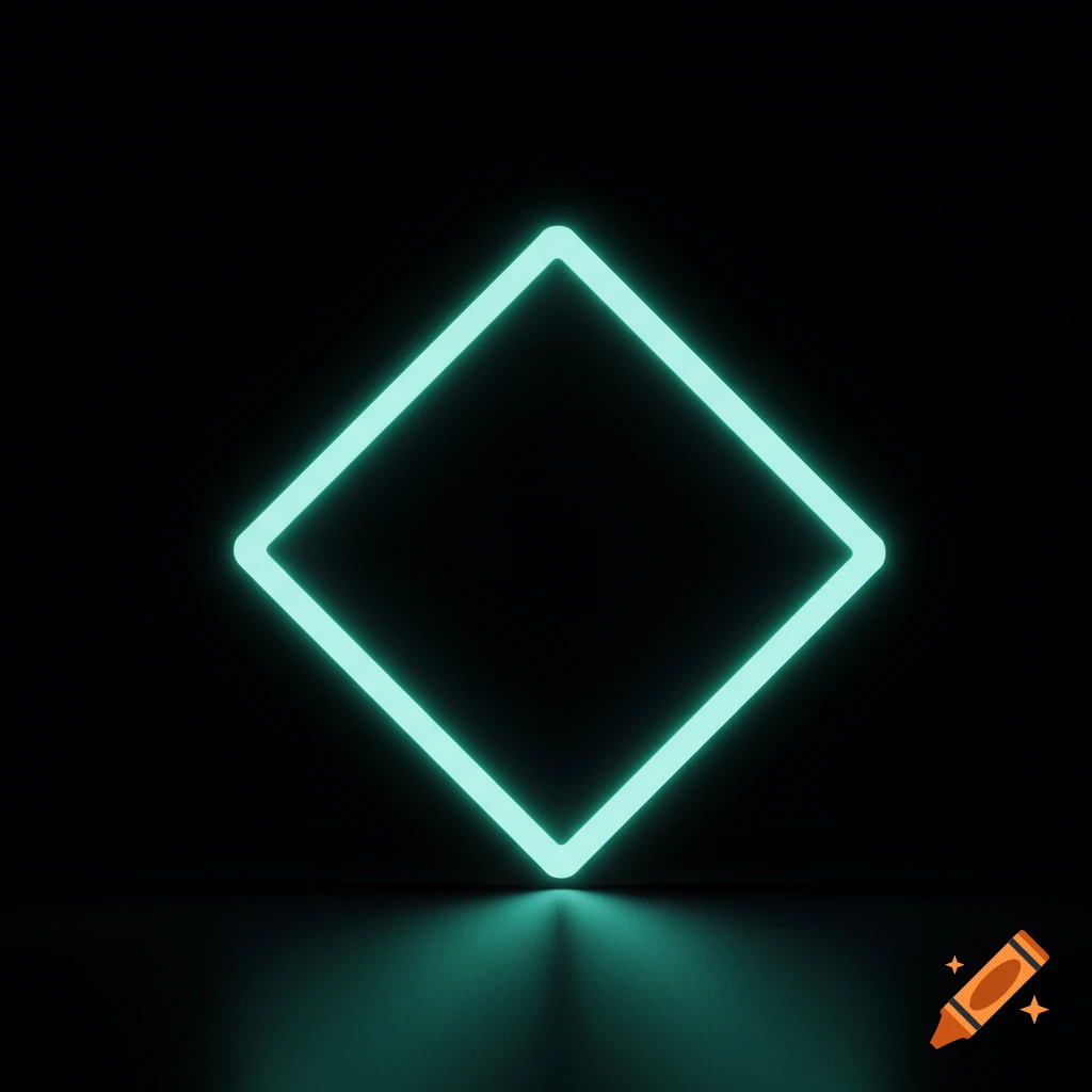 A glowing cyan neon square floats in a dark room, reflecting light on the floor.