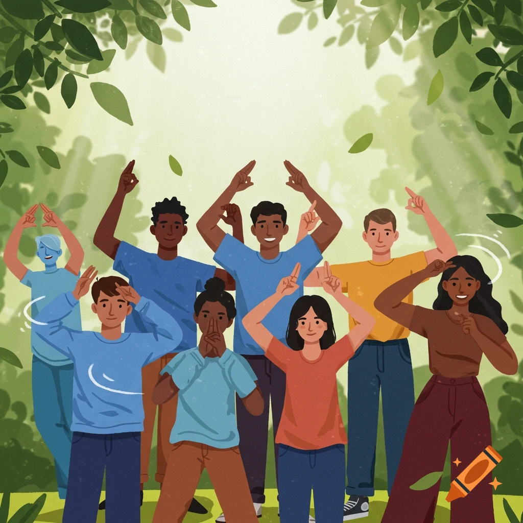 Diverse group of people in an illustrative style, making hand gestures like sign language outdoors with green foliage.