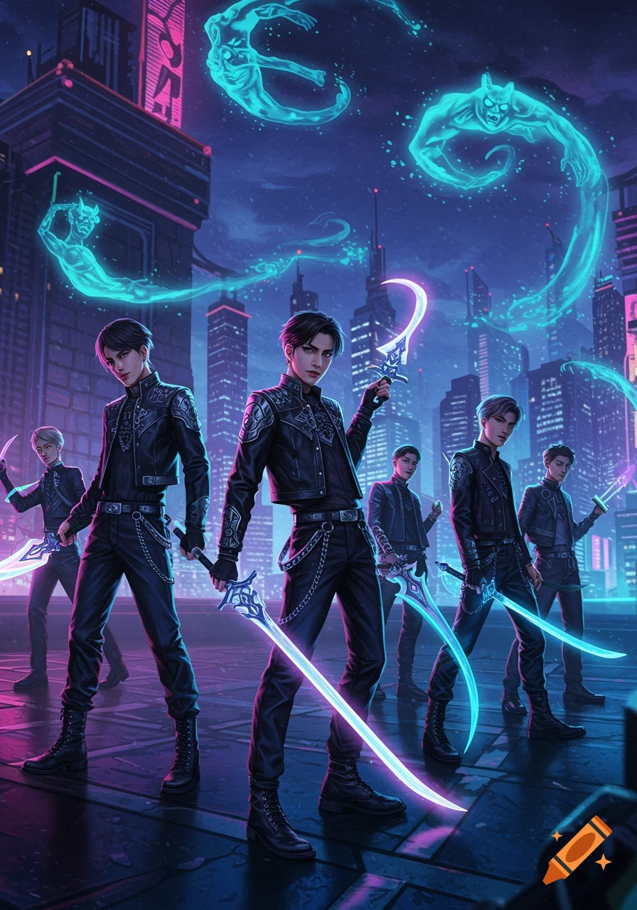 Group of K-pop-style demon hunters with glowing swords standing in a futuristic city with spectral figures.
