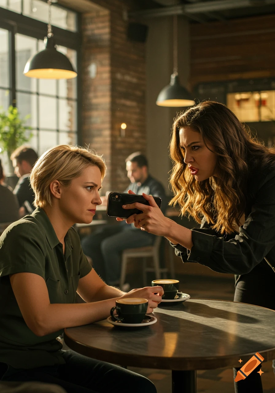 Photorealistic image of a woman with an intense expression showing her phone to another woman in a bustling cafe.