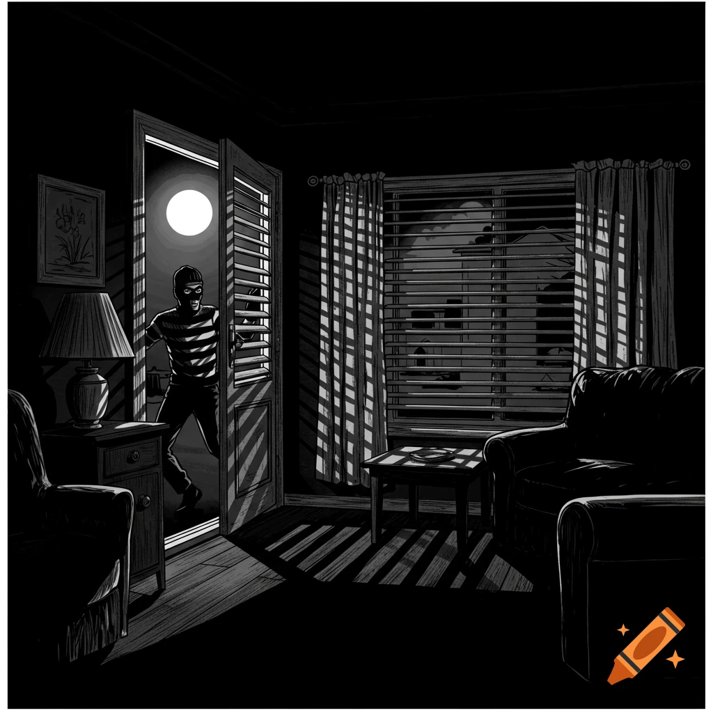 A masked burglar enters a dark house through an open door, illuminated by moonlight in a black and white illustration.
