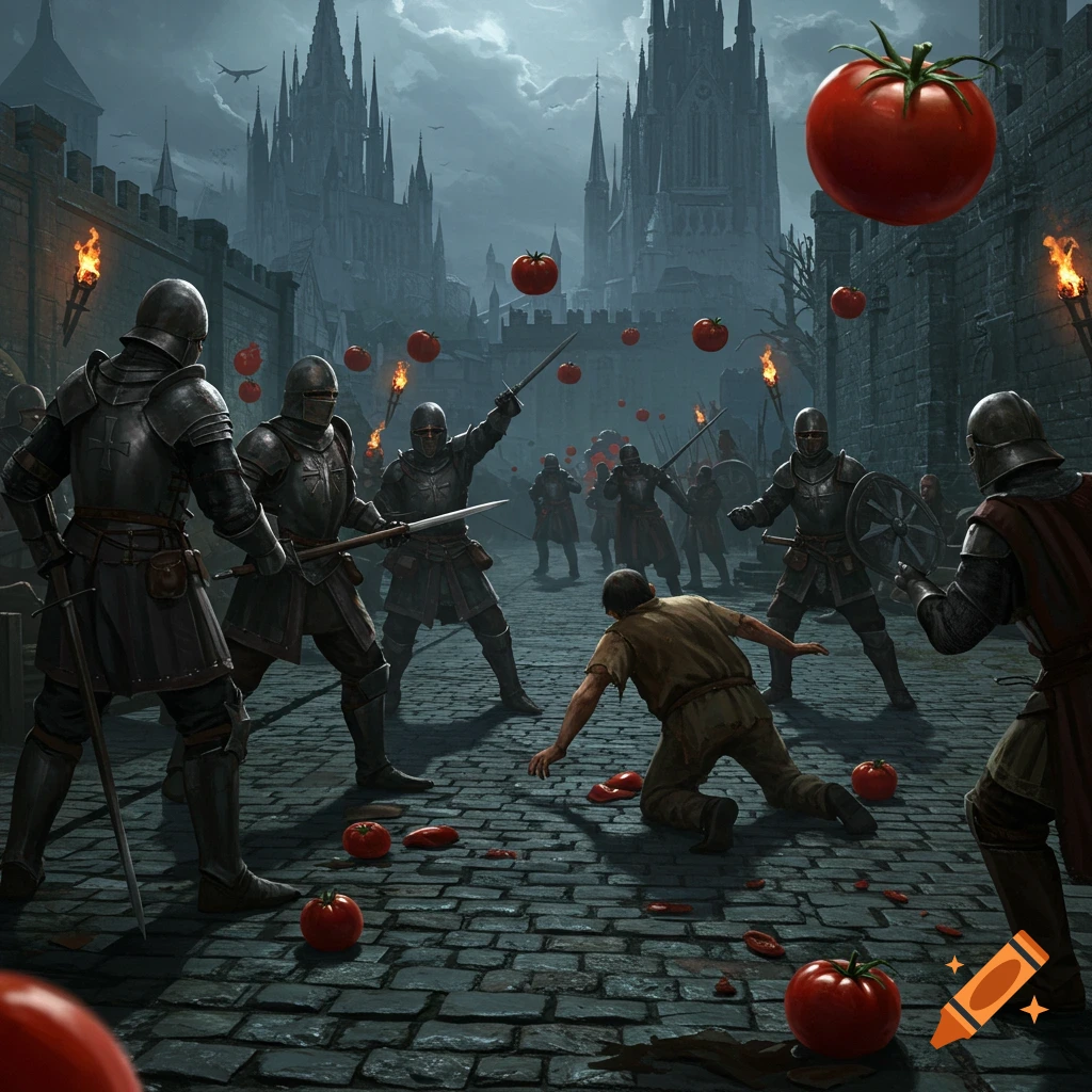Armored knights in a dark, medieval city throw tomatoes at a cowering peasant on a cobblestone street, with large gothic buildings in the background.