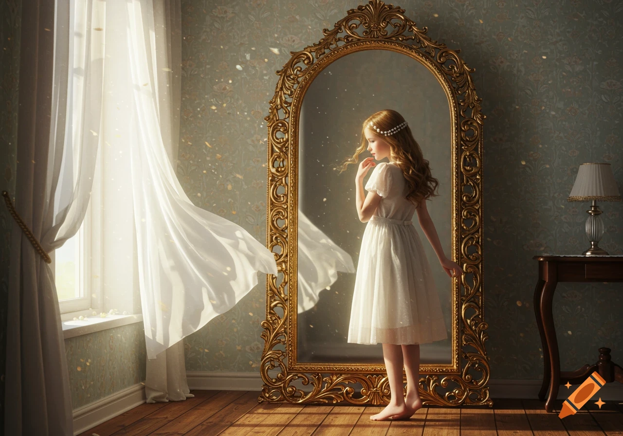 A young girl in a white dress stands barefoot before a large golden mirror in a sunlit, vintage room with floating particles.