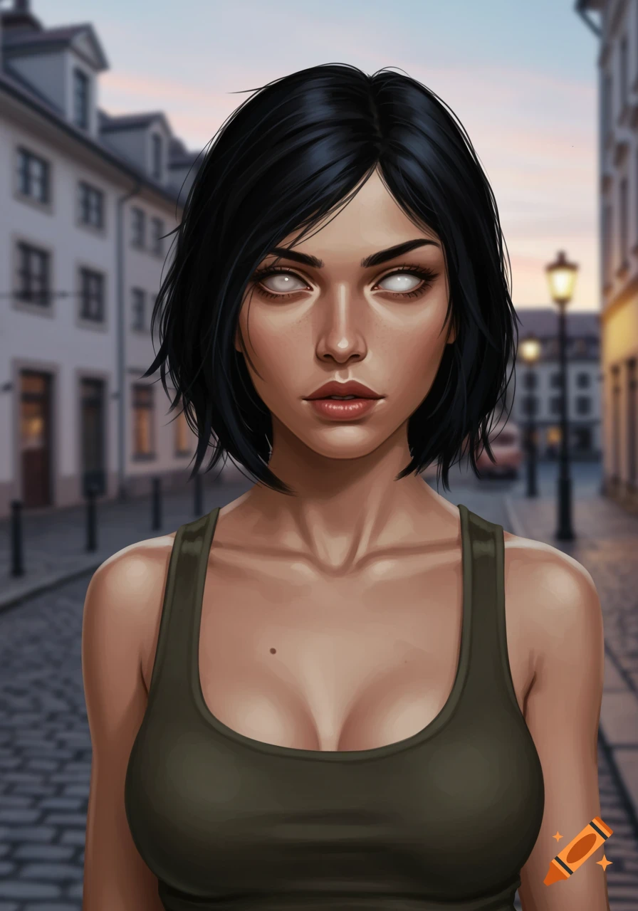 A digitally painted portrait of a woman with short black hair and white eyes in a tank top on a cobblestone street.