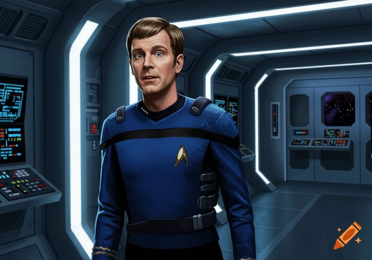 A man in a blue futuristic uniform stands on a spaceship bridge, looking surprised.