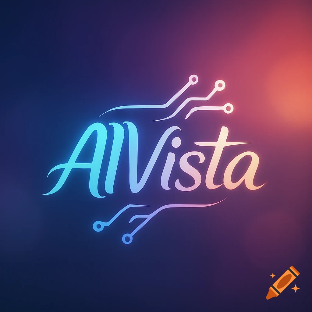 A glowing neon logo for 'AIVista' with blue and pink gradient text, featuring stylized circuit board lines on a dark background with blurred blue and orange light.