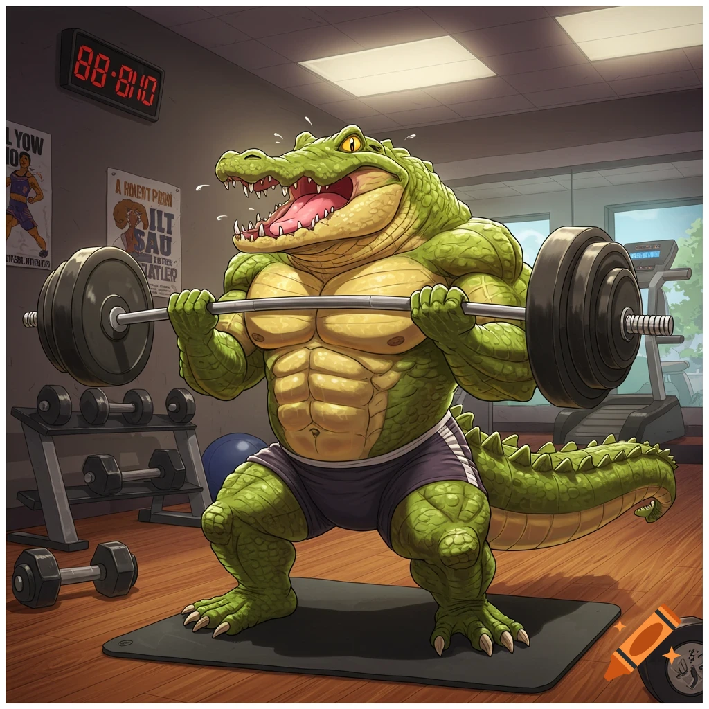 A muscular, anthropomorphic gator lifts a barbell in a gym, depicted in a vibrant cartoon style.