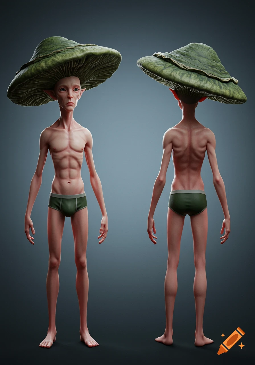 A character reference image of a slender, pale-skinned fantasy creature with a large mushroom cap hat and green briefs, front and back views.