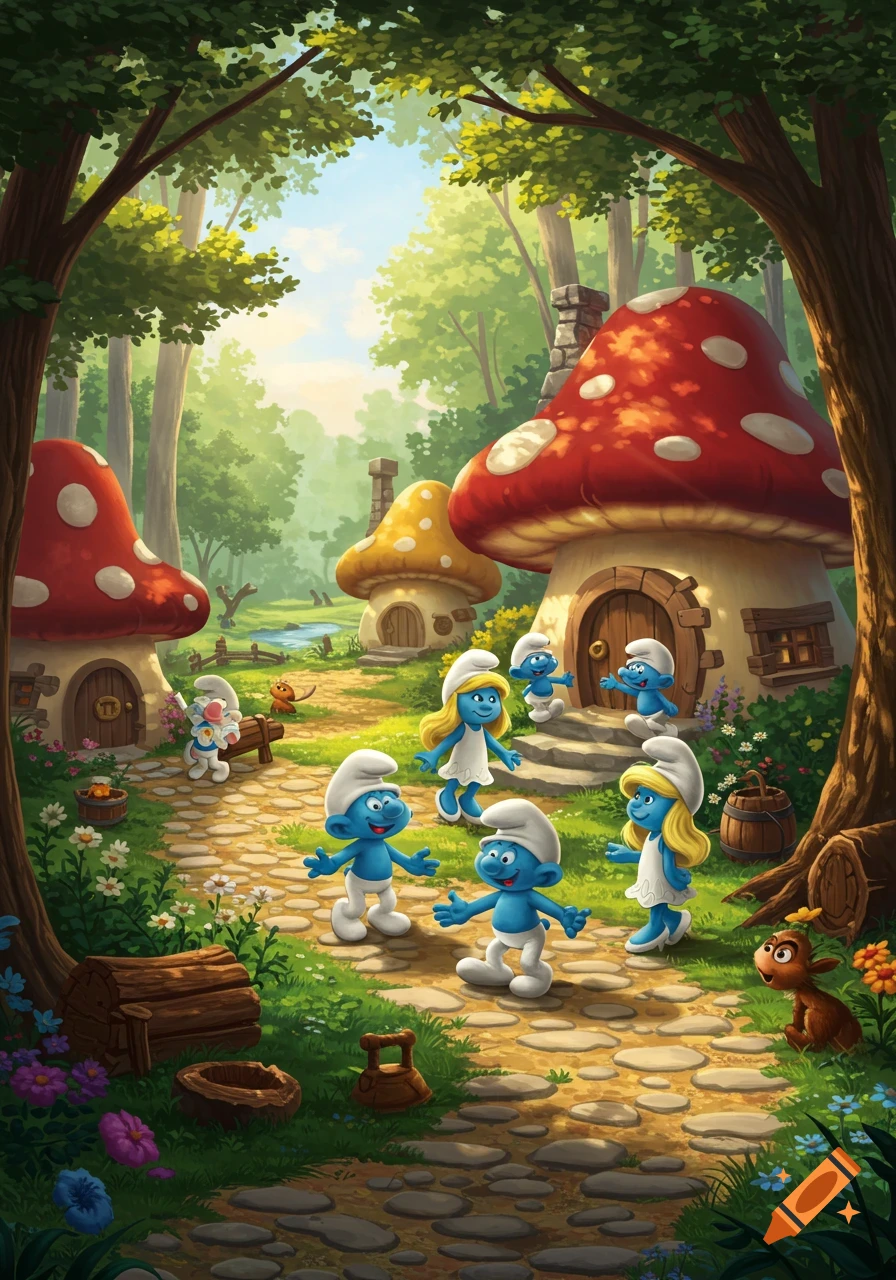 Cartoon Smurfs, including Smurfette, in a bright forest village with mushroom houses.