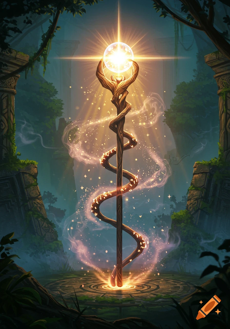 A glowing magical staff with a bright orb on top, surrounded by sparkling particles, in a lush jungle with ancient ruins.