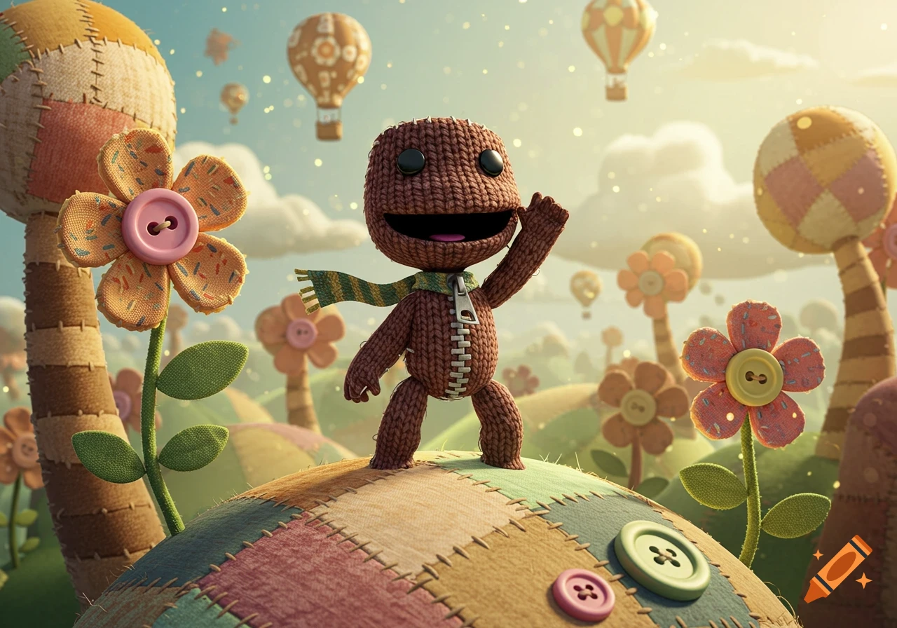 A whimsical brown fabric Sackboy character waves from a patchwork hill, surrounded by stitched flowers and hot air balloons in a bright fantasy world.
