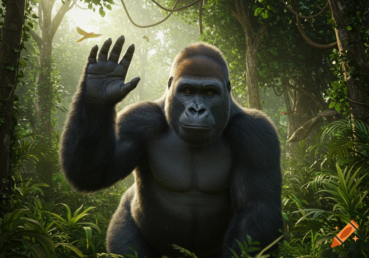 A photorealistic gorilla waves its hand in a lush, green jungle.