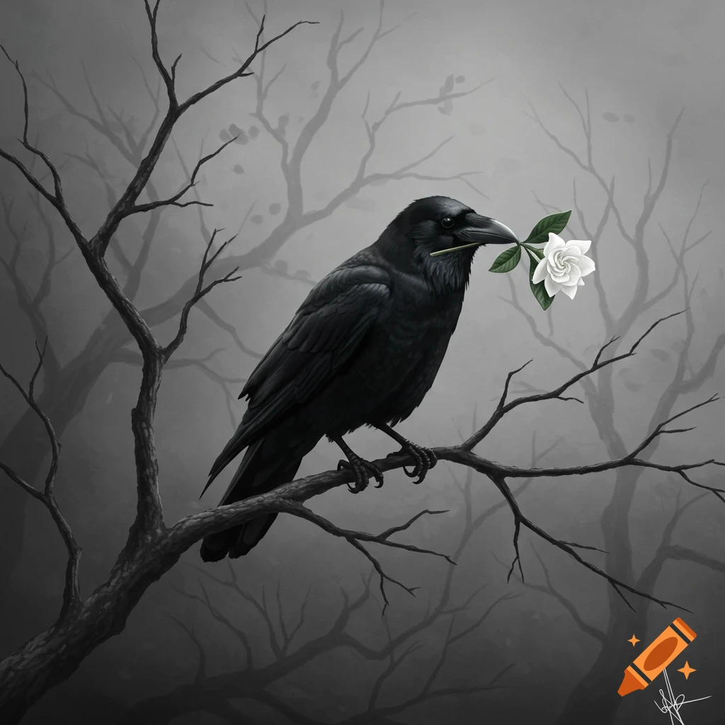 A black crow perches on a bare tree branch, holding a white gardenia flower in its beak, against a foggy, dark forest background.