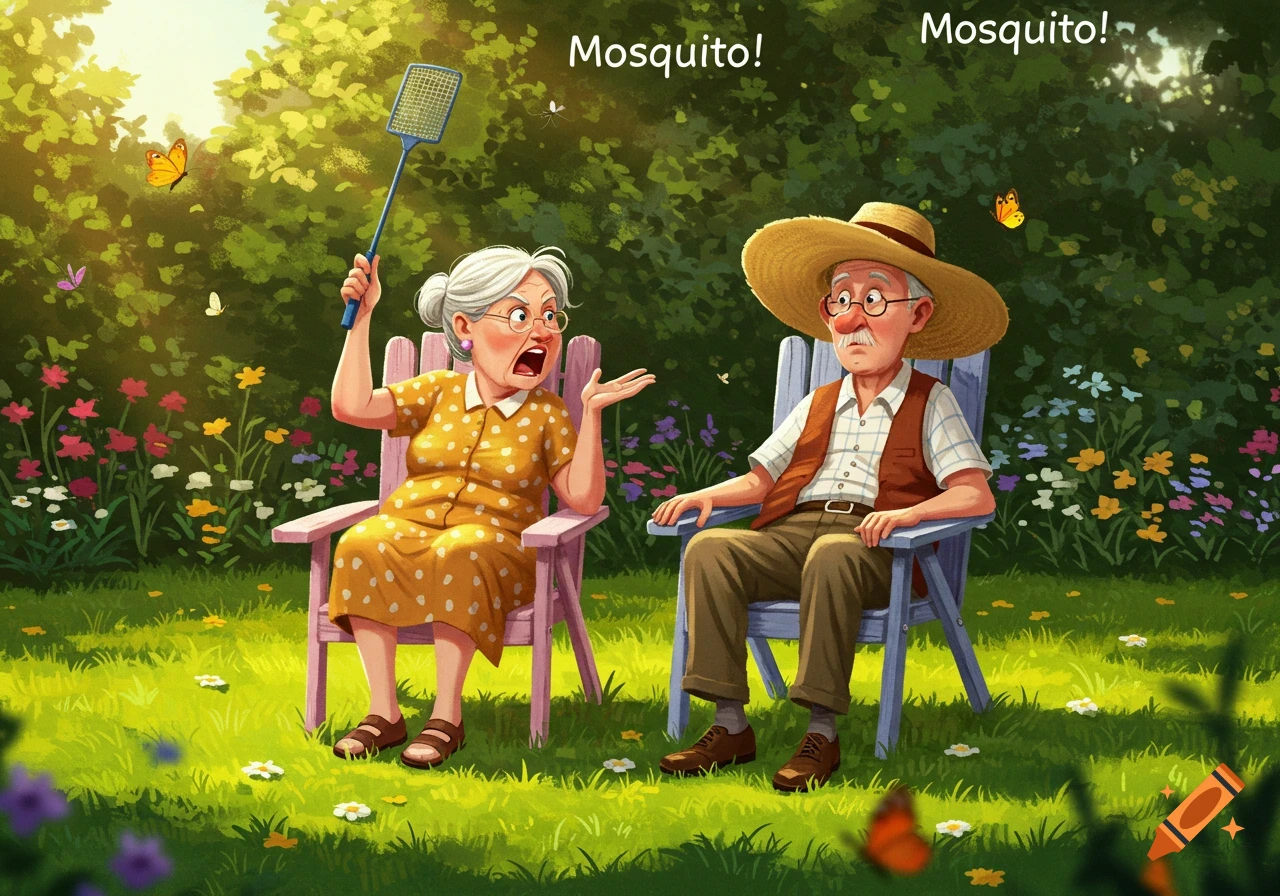 An angry elderly woman with a fly swatter yells "Mosquito!" at a calm elderly man in a sunny garden.