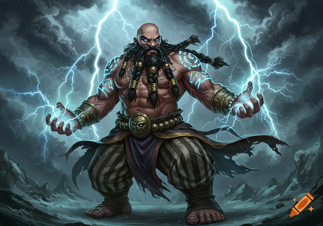 A bald, bearded dwarf storm wizard with glowing tattoos, conjuring lightning in a stormy landscape.