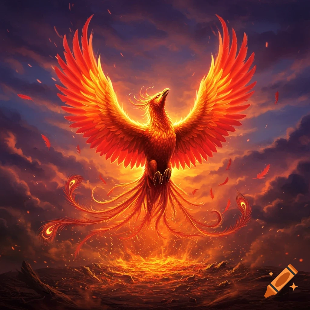 A vibrant, fiery phoenix with outstretched wings rises from a glowing inferno against a dramatic, cloudy sky.
