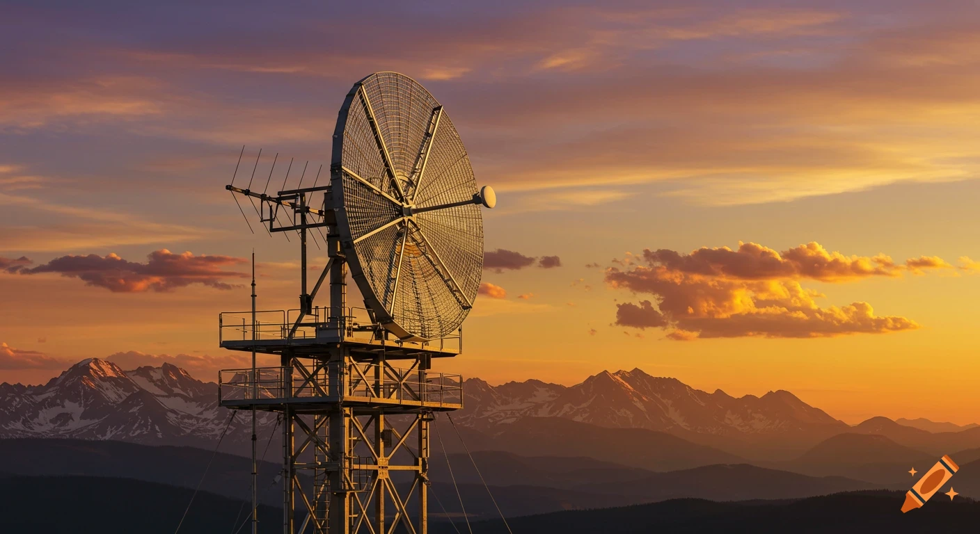 A large dish antenna on a tall tower silhouetted against a vibrant sunset sky with mountains in the distance.