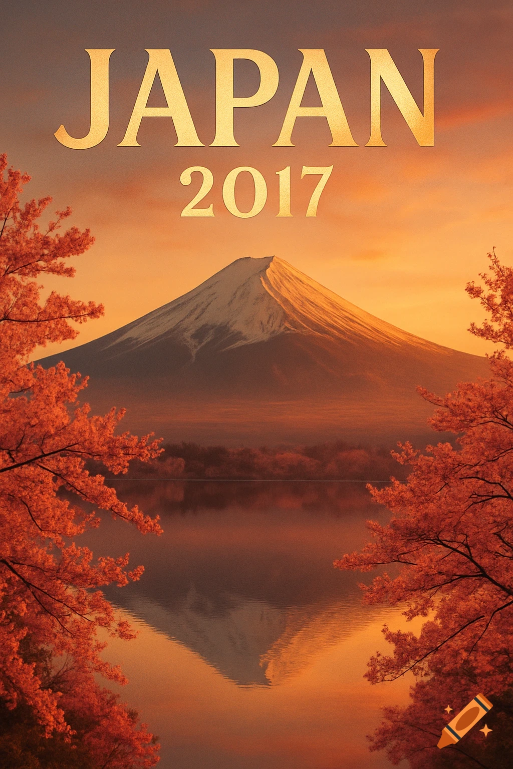 Warm-toned photorealistic poster of Mount Fuji reflecting in a lake, framed by autumn trees, with 'JAPAN 2017' text.