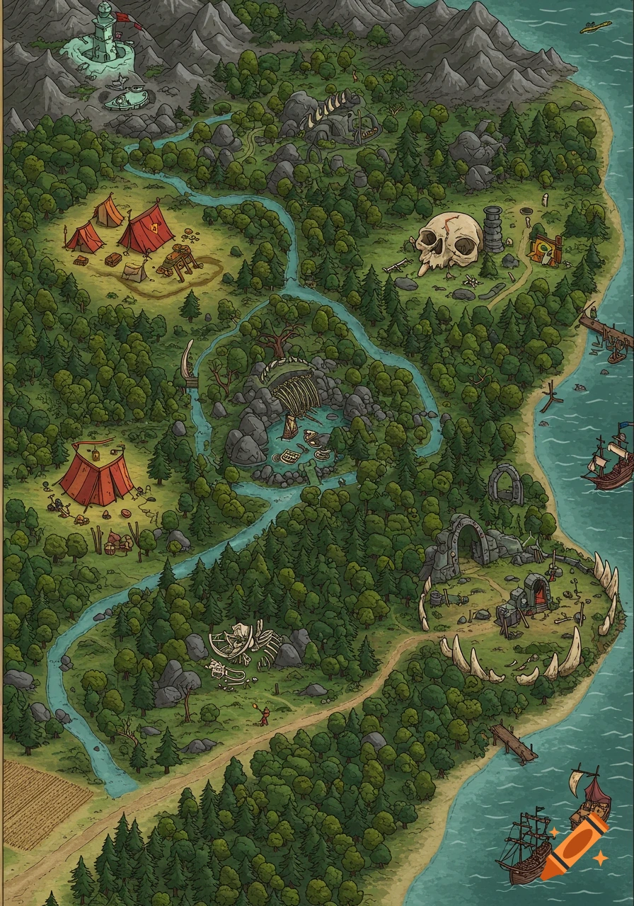A detailed fantasy map of a forested continent featuring rivers, mountains, a coast with a pirate ship, tents, ruins, and a giant skull.