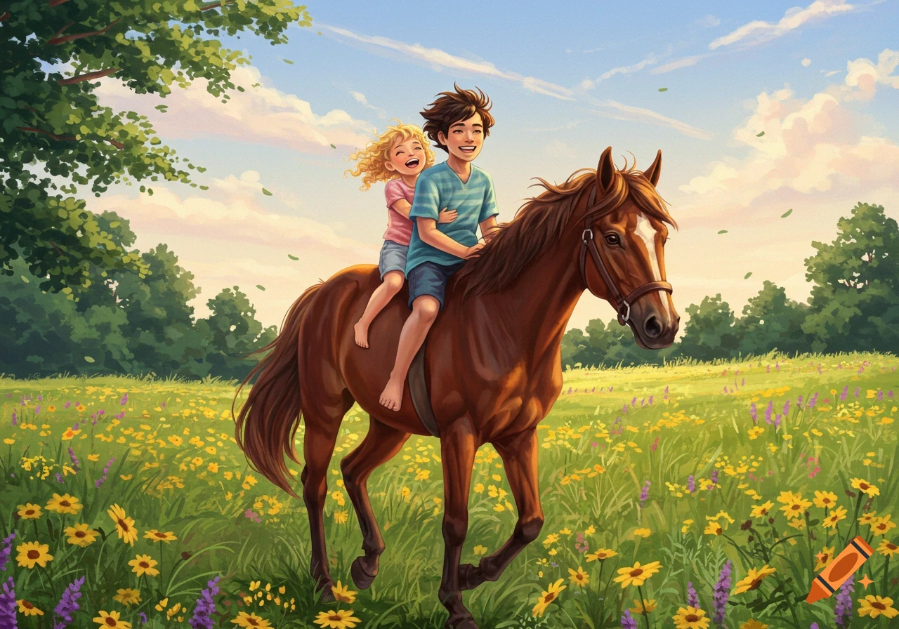An illustration of a boy and a girl riding a brown horse through a sunlit field filled with yellow and purple wildflowers.
